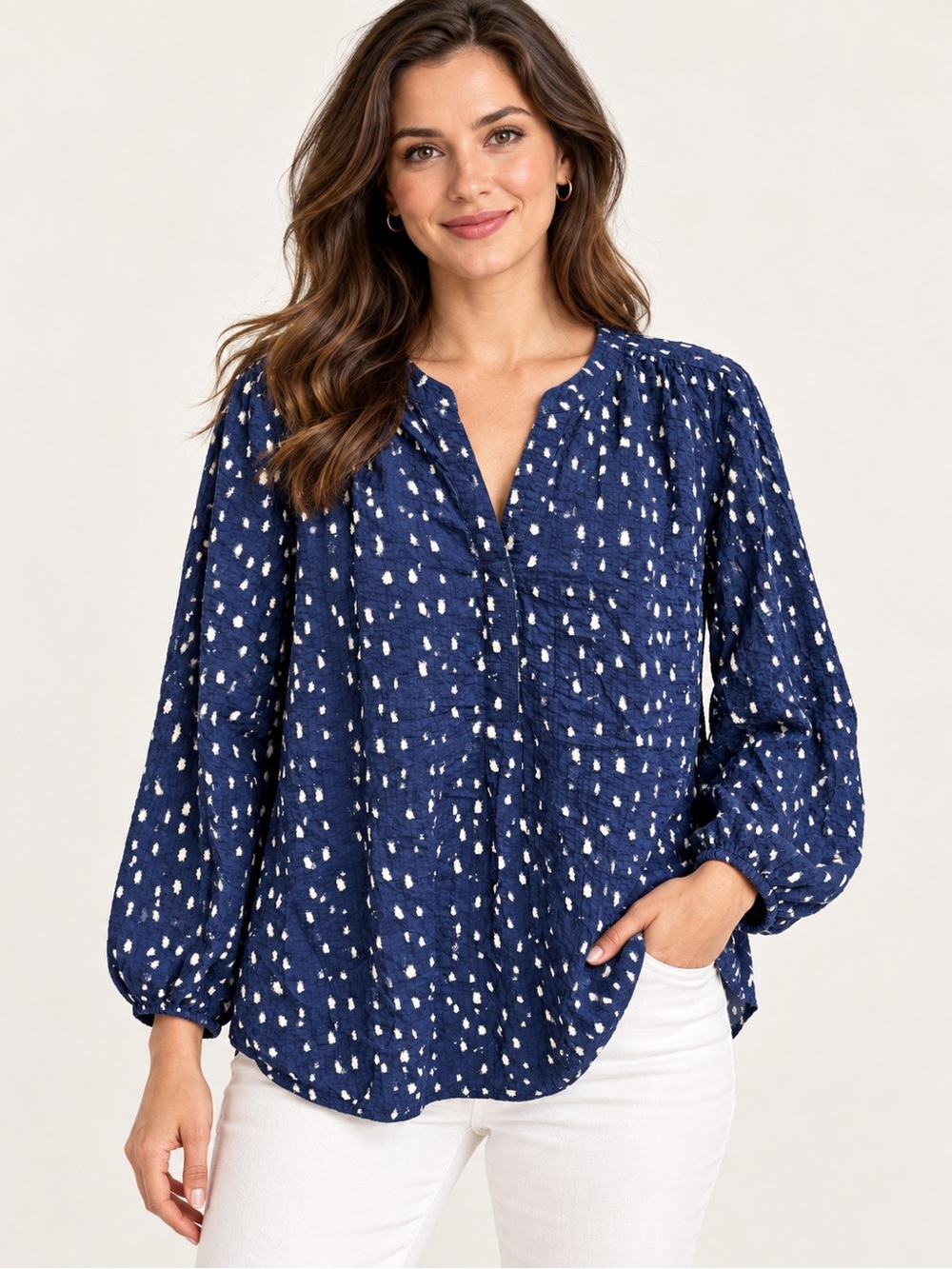 Lane Bryant Women’s Navy & Ivory Textured Blouse Size 24 Long Sleeve
